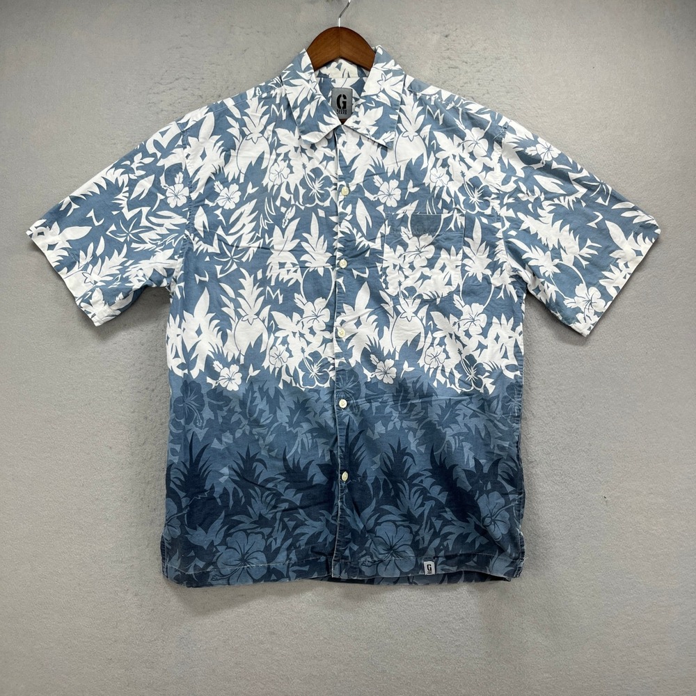GUESS Hawaiian Shirt Mens Large Blue Floral Ombre Hibiscus Tropical Resort Y2K